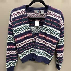 VTG Stylish Geometric Cardigan in Navy, Pink, and Green